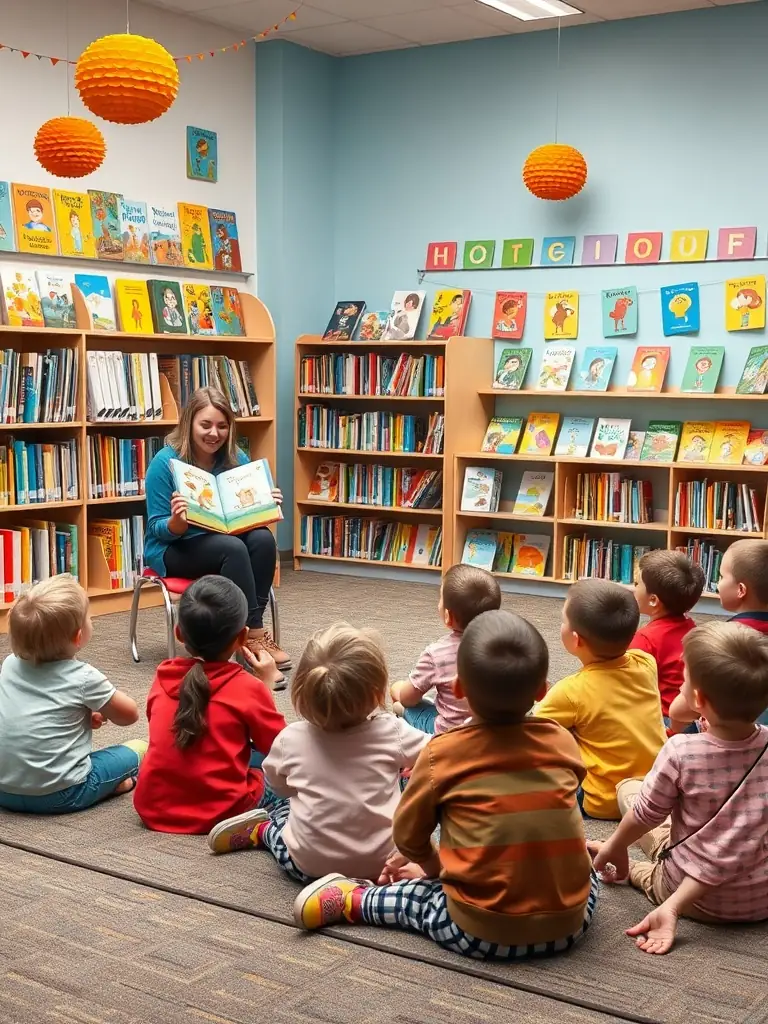 A group of children enthusiastically participating in a storytelling session at the library, with a librarian reading aloud from a colorful picture book.