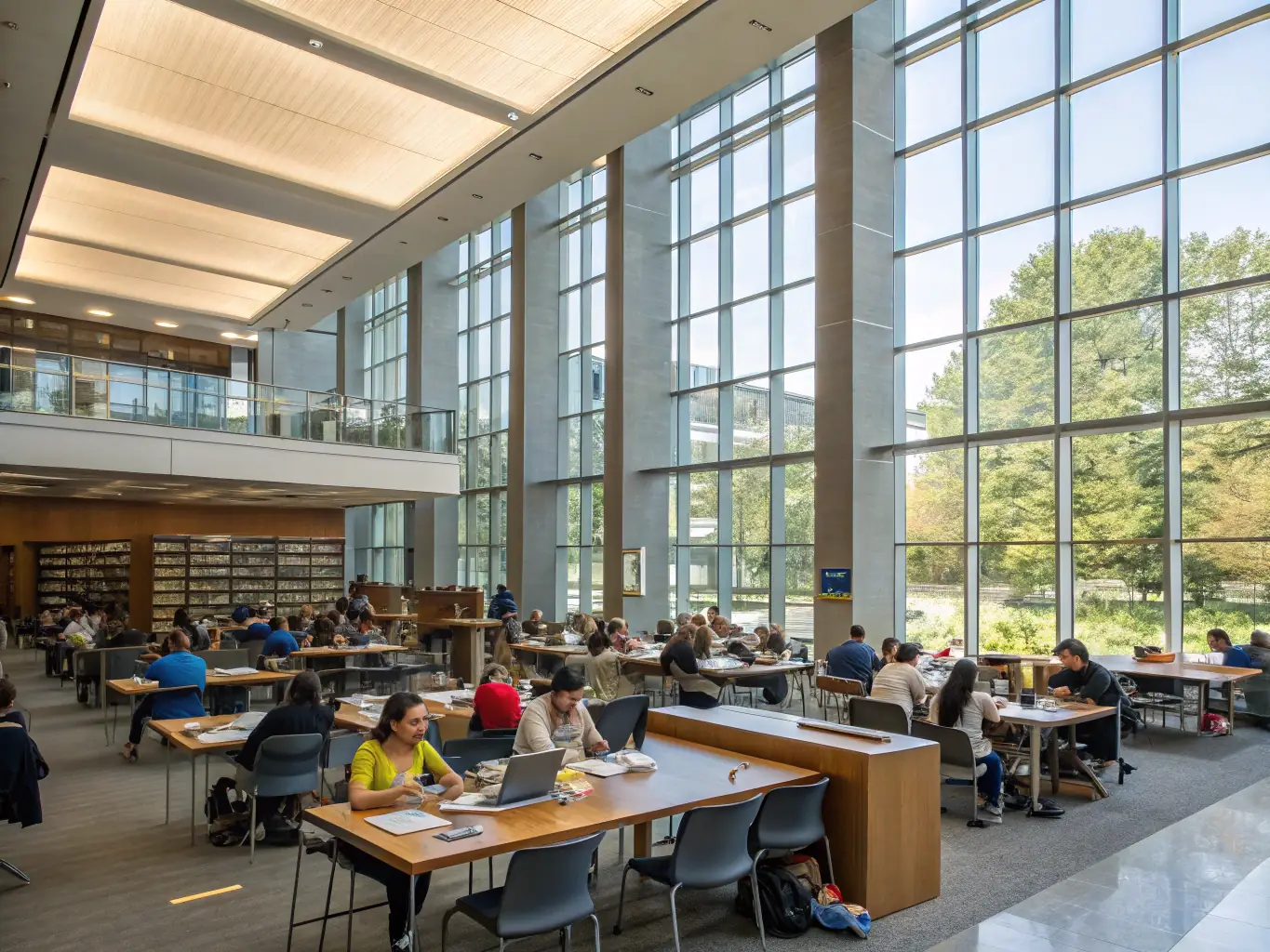 A diverse group of people using library resources, including books, computers, and collaborative workspaces, showcasing the library's commitment to accessibility and inclusivity.