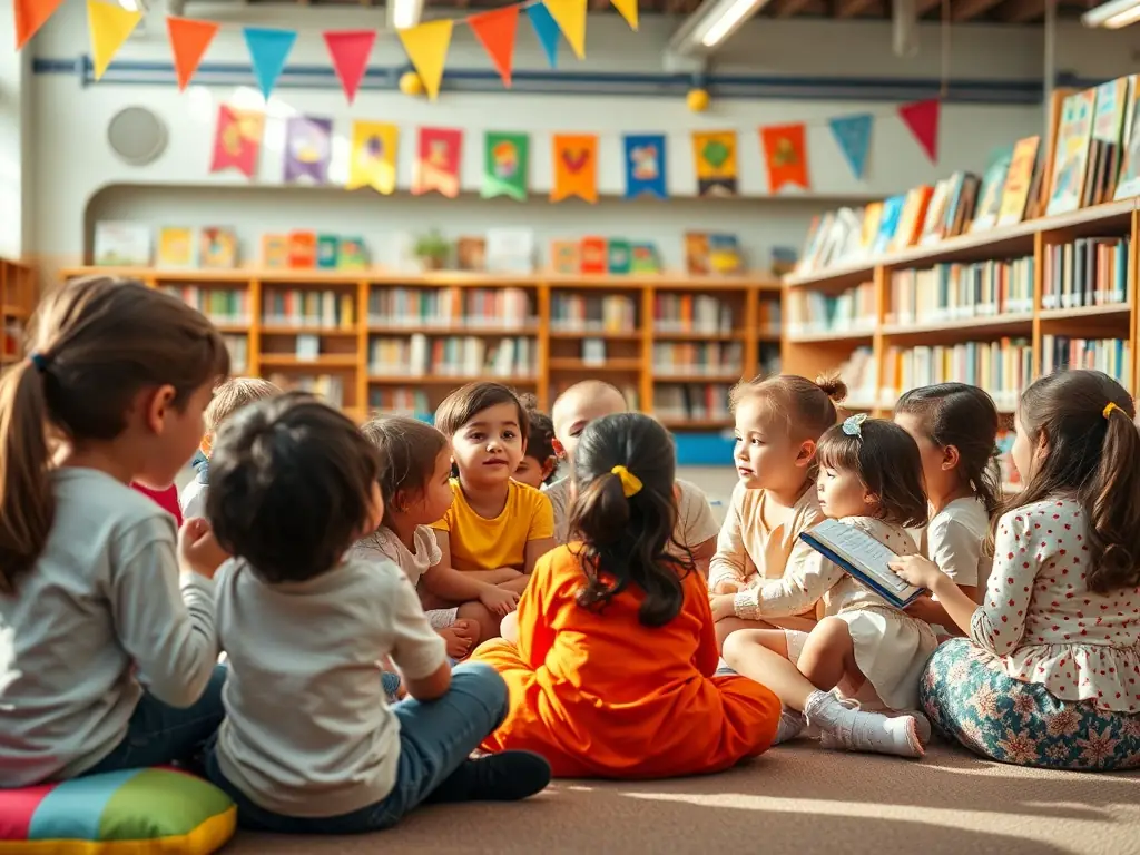 A vibrant image of children participating in a story time session at the library, surrounded by colorful books and engaging with the storyteller.