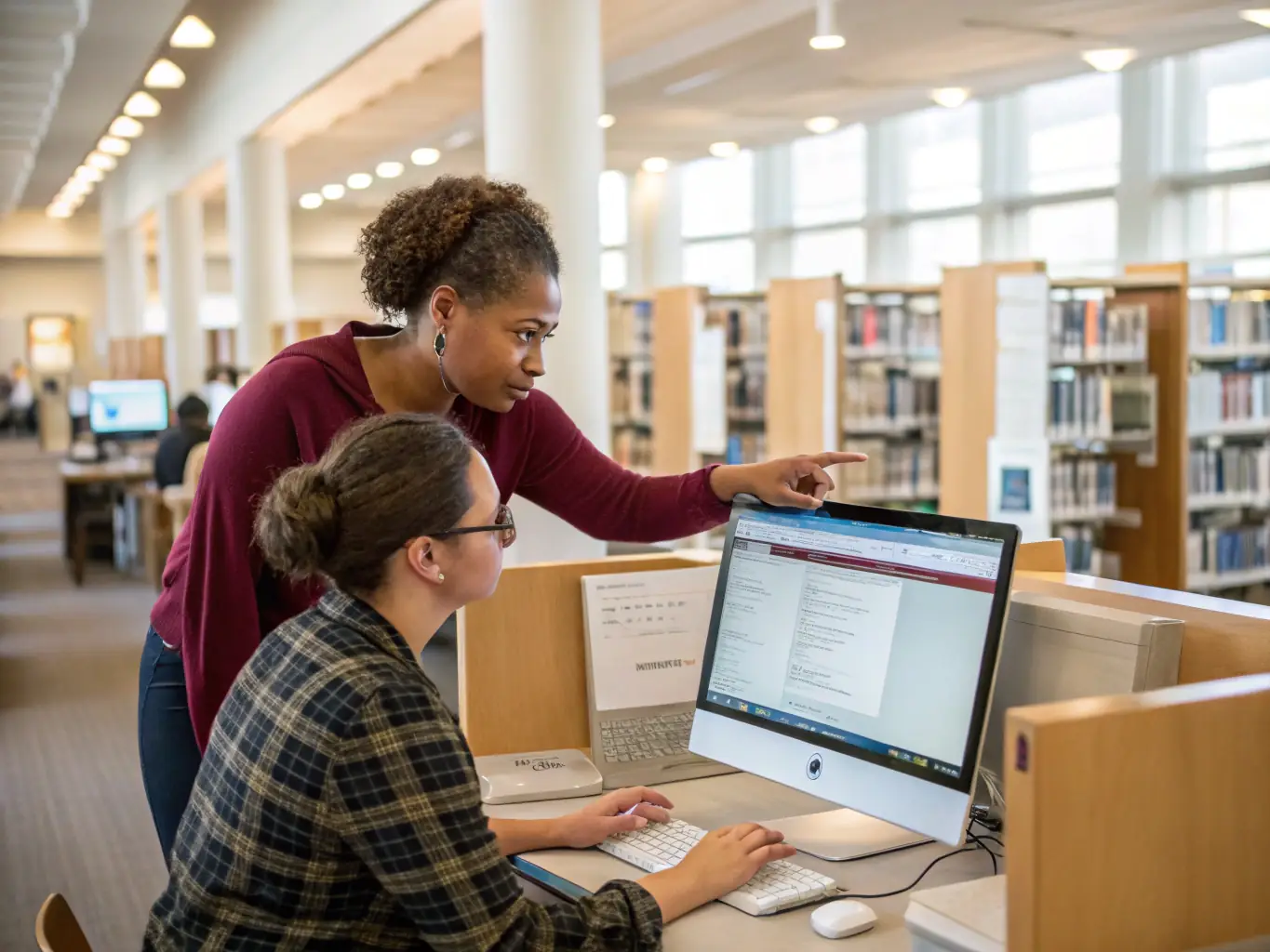 A librarian assisting a student with research, highlighting the library's role in supporting education and knowledge development.