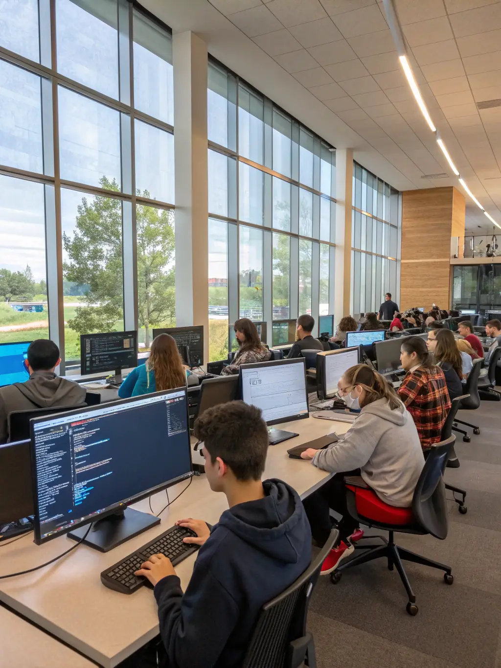 Teenagers working together on a coding project in the library's tech lab, surrounded by computers and robotics equipment.