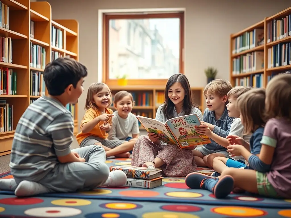 A vibrant image of a storytelling session for young children at the library, with a librarian reading aloud and children listening attentively.