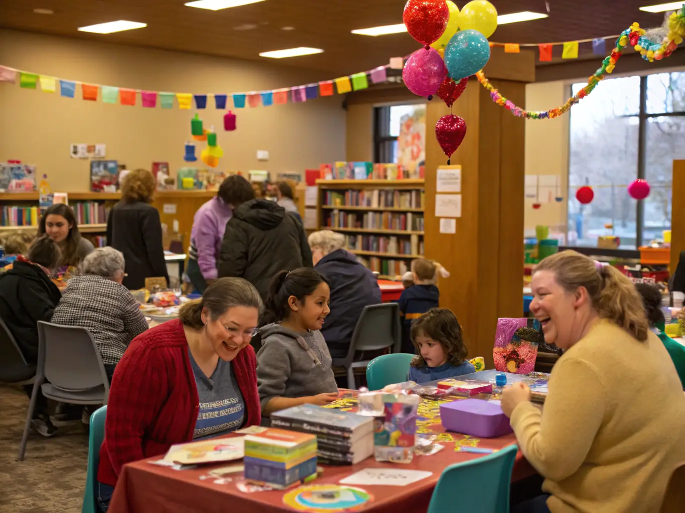 A community event taking place at the library, showcasing cultural exchange and social interaction among diverse groups.