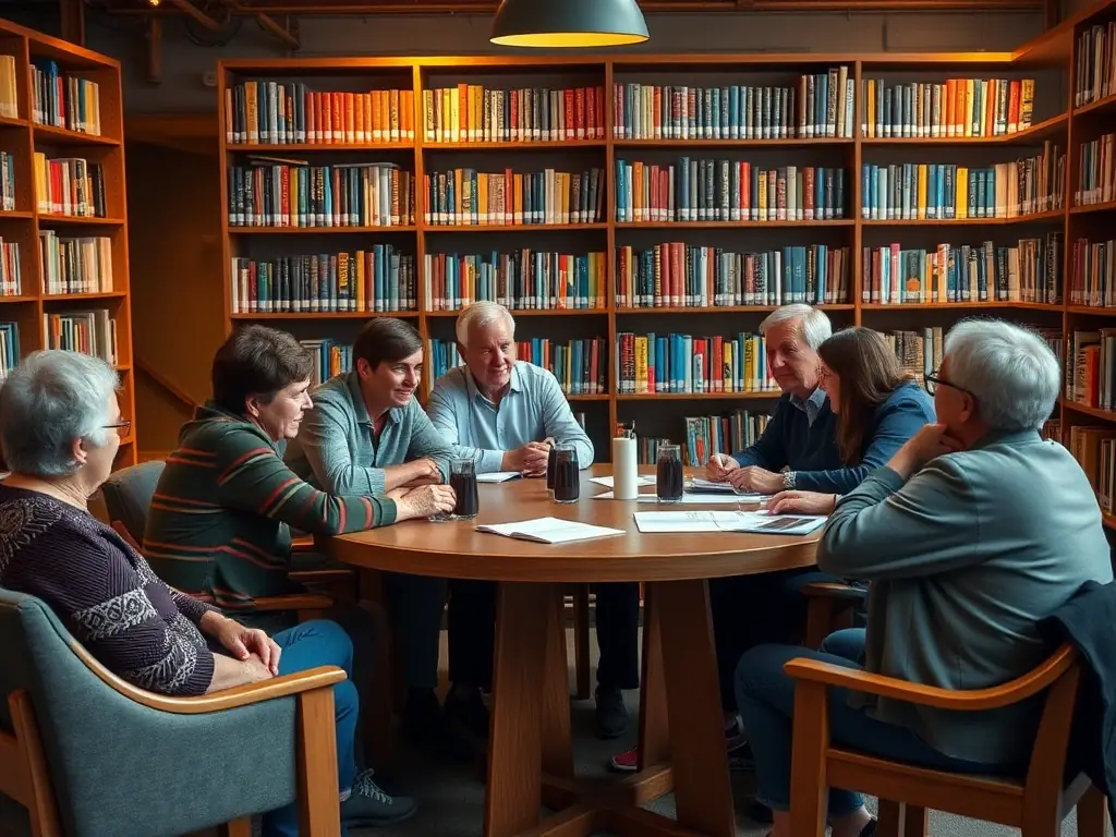 A diverse group of adults participating in a book club discussion, seated around a table with books and refreshments.