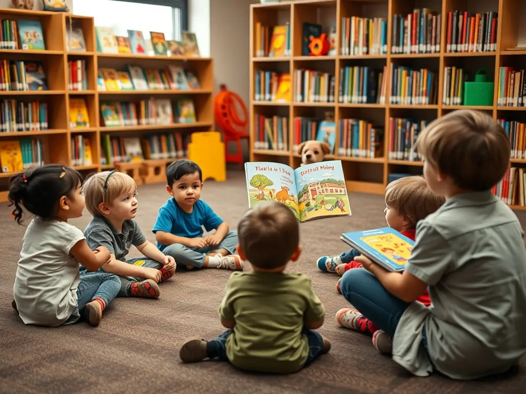 A group of children enthusiastically participating in a story time session at the library, with a librarian reading aloud from a colorful picture book.