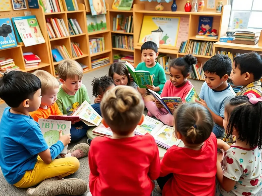 An image of children and adults participating in a lively reading workshop at the library, with books and engaged expressions.