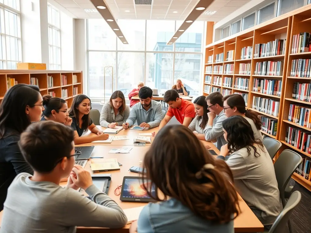 A picture of teenagers working on a collaborative project in the library's makerspace, using technology and creative tools.